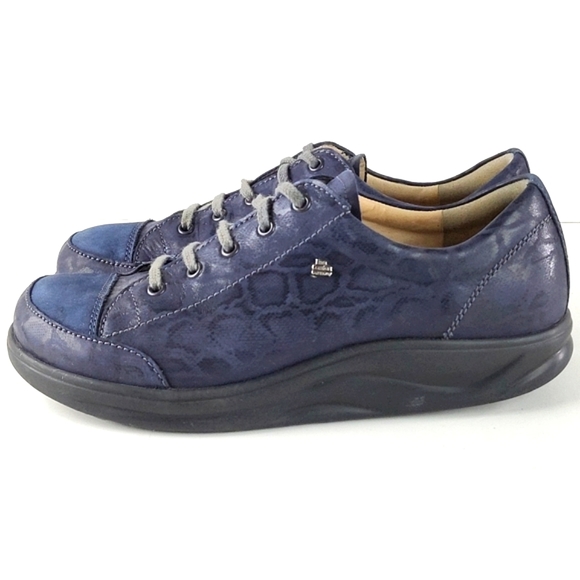 Finn Comfort Shoes - Finn Comfort Ikebukuro Leather Lace-up Rocker Sole Shoe Snake Print Navy Blue
